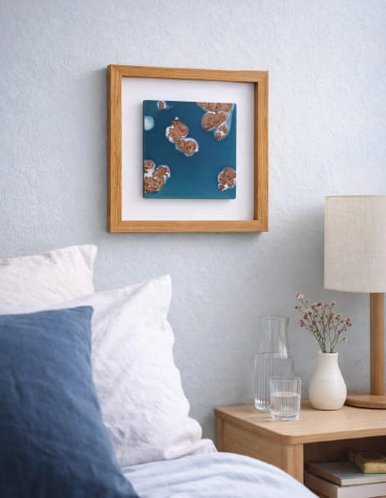 Tableau 25cm résine epoxy effet iles dans océan cadre en chêne